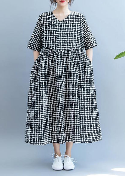Black Dotted Long Shirts V Neck Pockets Maxi Summer Dress