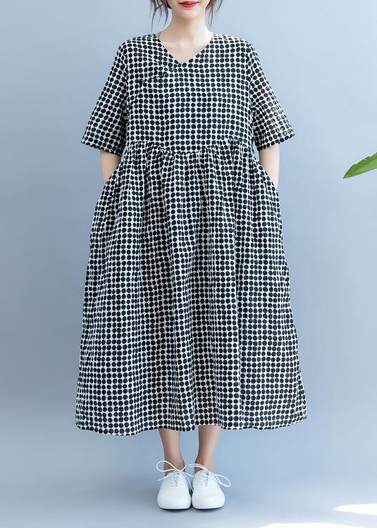 Black Dotted Long Shirts V Neck Pockets Maxi Summer Dress
