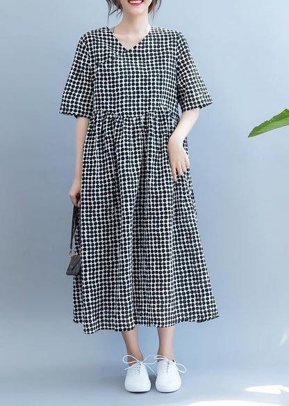 Black Dotted Long Shirts V Neck Pockets Maxi Summer Dress