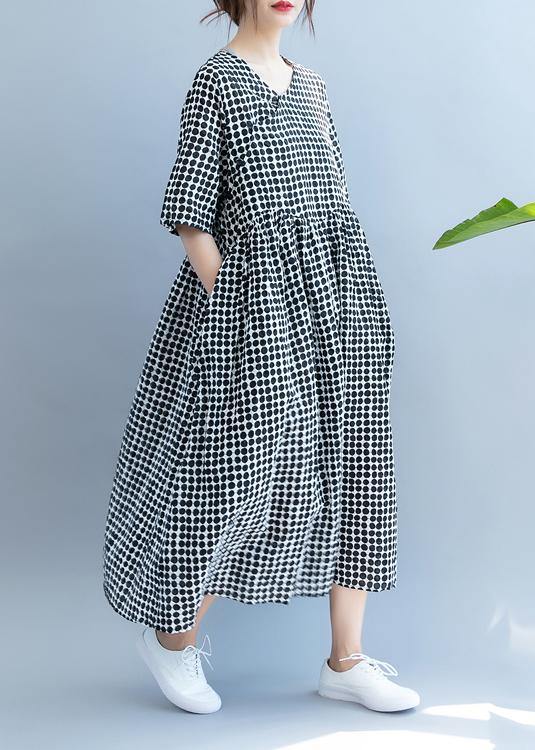 Black Dotted Long Shirts V Neck Pockets Maxi Summer Dress