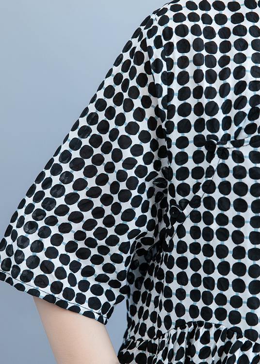 Black Dotted Long Shirts V Neck Pockets Maxi Summer Dress