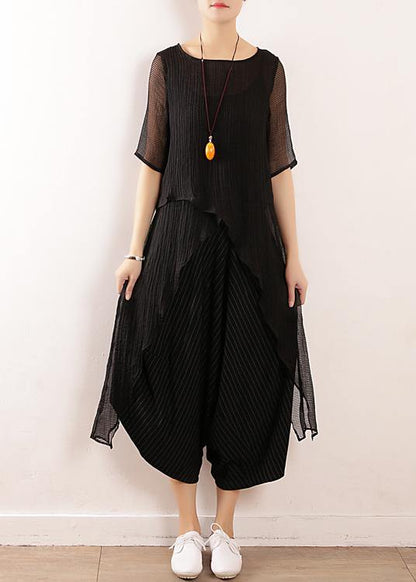 Black Linen Clothes for O Neck Short Summer Blouses