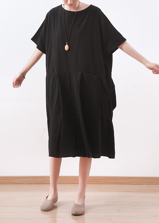 Black Linen Clothes Korea Sewing O Neck Asymmetric Baggy Summer Dress