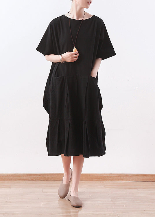 Black Linen Clothes Korea Sewing O Neck Asymmetric Baggy Summer Dress