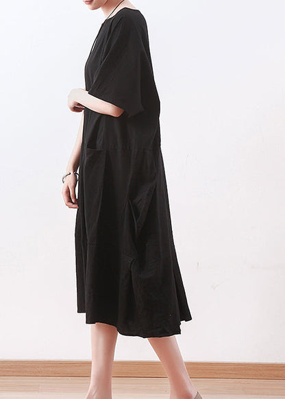 Black Linen Clothes Korea Sewing O Neck Asymmetric Baggy Summer Dress