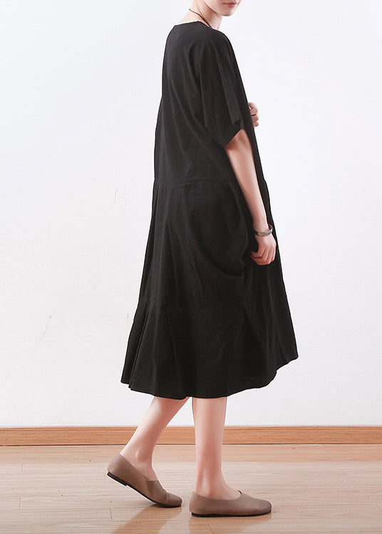 Black Linen Clothes Korea Sewing O Neck Asymmetric Baggy Summer Dress