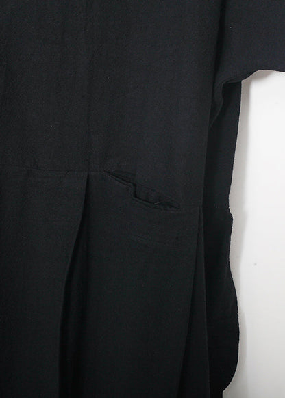 Black Linen Clothes Korea Sewing O Neck Asymmetric Baggy Summer Dress