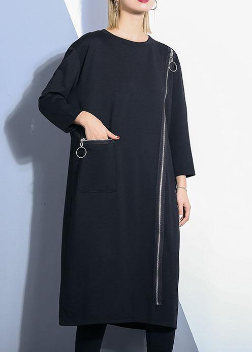 Black O Neck Cotton Tunics Zippered Maxi Fall Dresses
