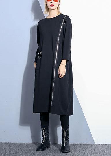 Black O Neck Cotton Tunics Zippered Maxi Fall Dresses