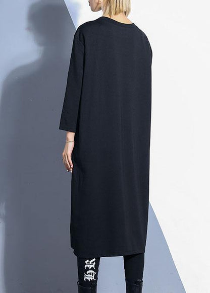 Black O Neck Cotton Tunics Zippered Maxi Fall Dresses