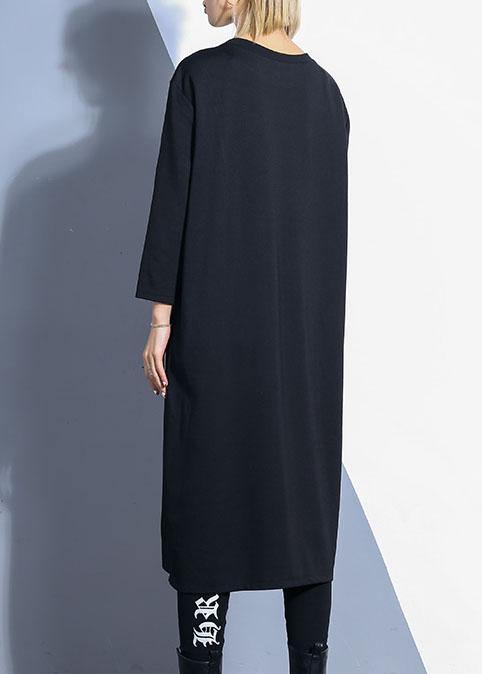 Black O Neck Cotton Tunics Zippered Maxi Fall Dresses