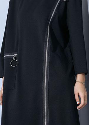 Black O Neck Cotton Tunics Zippered Maxi Fall Dresses
