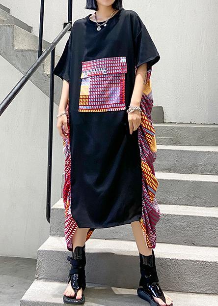 Black Patchwork Print Cotton Wardrobes O Neck Maxi Summer Dresses