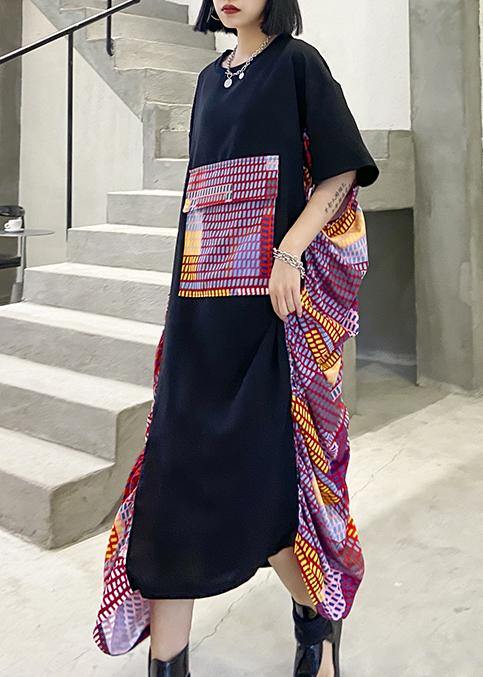 Black Patchwork Print Cotton Wardrobes O Neck Maxi Summer Dresses