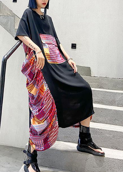 Black Patchwork Print Cotton Wardrobes O Neck Maxi Summer Dresses