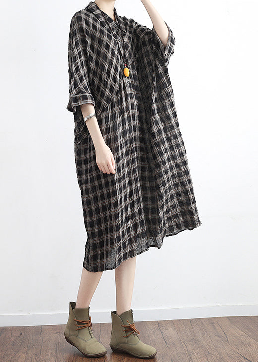 Black Plaid Linen Cotton Tunics Outfits Polo Collor Clothing Summer Dress