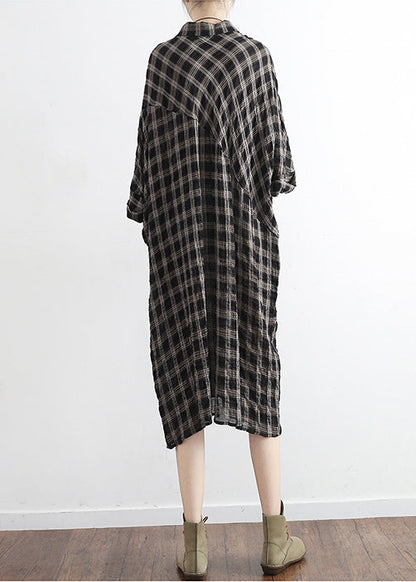 Black Plaid Linen Cotton Tunics Outfits Polo Collor Clothing Summer Dress