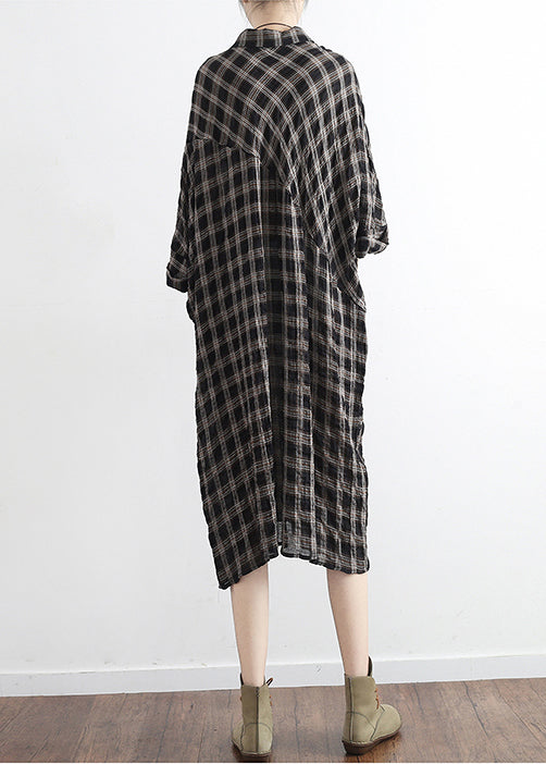 Black Plaid Linen Cotton Tunics Outfits Polo Collor Clothing Summer Dress