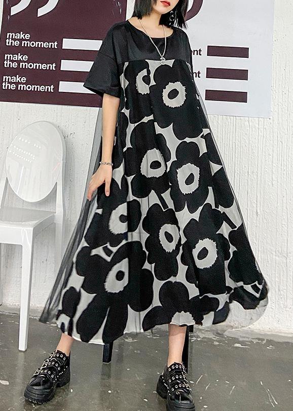 Black Print Quilting Clothes O Neck Patchwork Maxi Dress