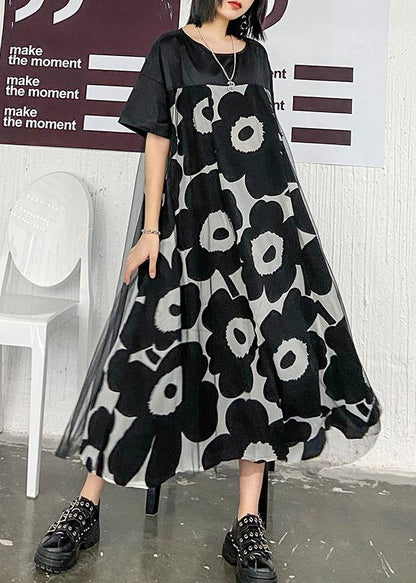 Black Print Quilting Clothes O Neck Patchwork Maxi Dress
