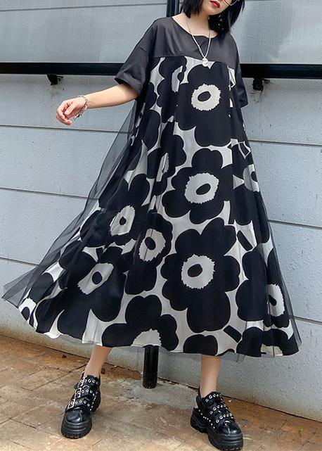 Black Print Quilting Clothes O Neck Patchwork Maxi Dress