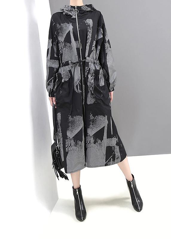 Black Prints Fine Outwear Hooded Tie Waist Jackets