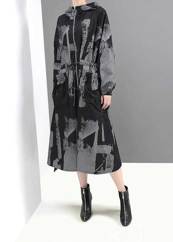 Black Prints Fine Outwear Hooded Tie Waist Jackets