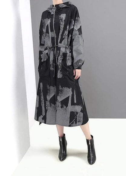 Black Prints Fine Outwear Hooded Tie Waist Jackets