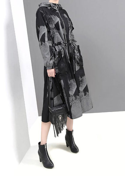 Black Prints Fine Outwear Hooded Tie Waist Jackets