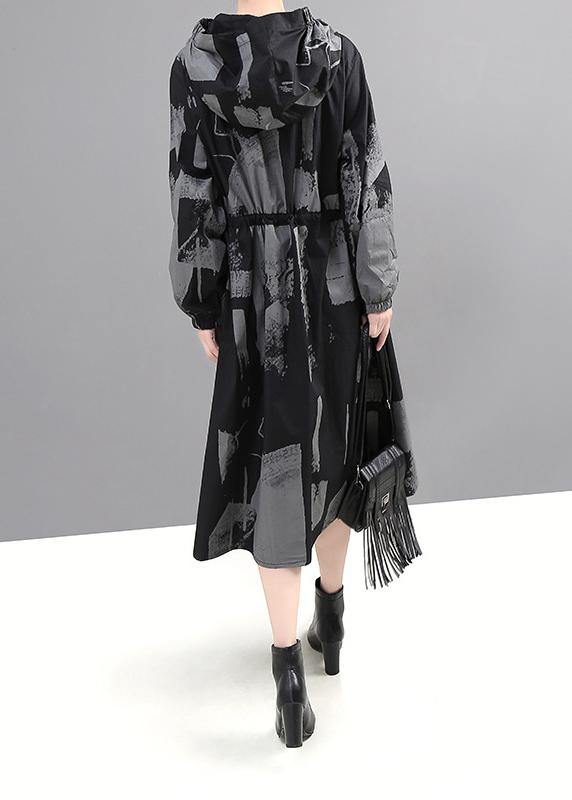 Black Prints Fine Outwear Hooded Tie Waist Jackets