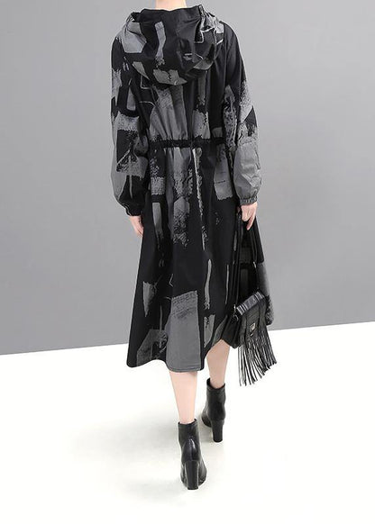 Black Prints Fine Outwear Hooded Tie Waist Jackets