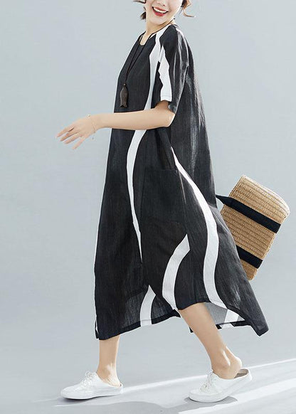Black Striped Chiffon Quilting Clothes O Neck Asymmetric Kaftan Summer Dress