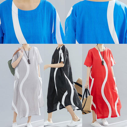Black Striped Chiffon Quilting Clothes O Neck Asymmetric Kaftan Summer Dress