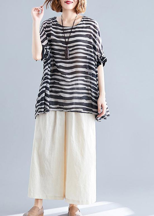 Black Striped Shirts O Neck Batwing Sleeve Box Shirts