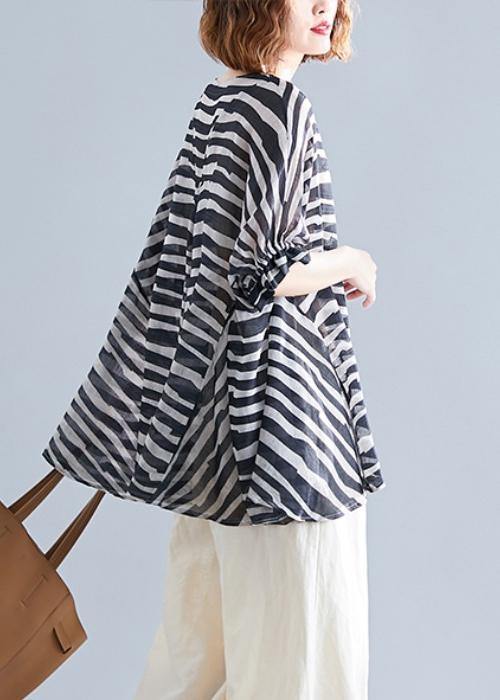 Black Striped Shirts O Neck Batwing Sleeve Box Shirts