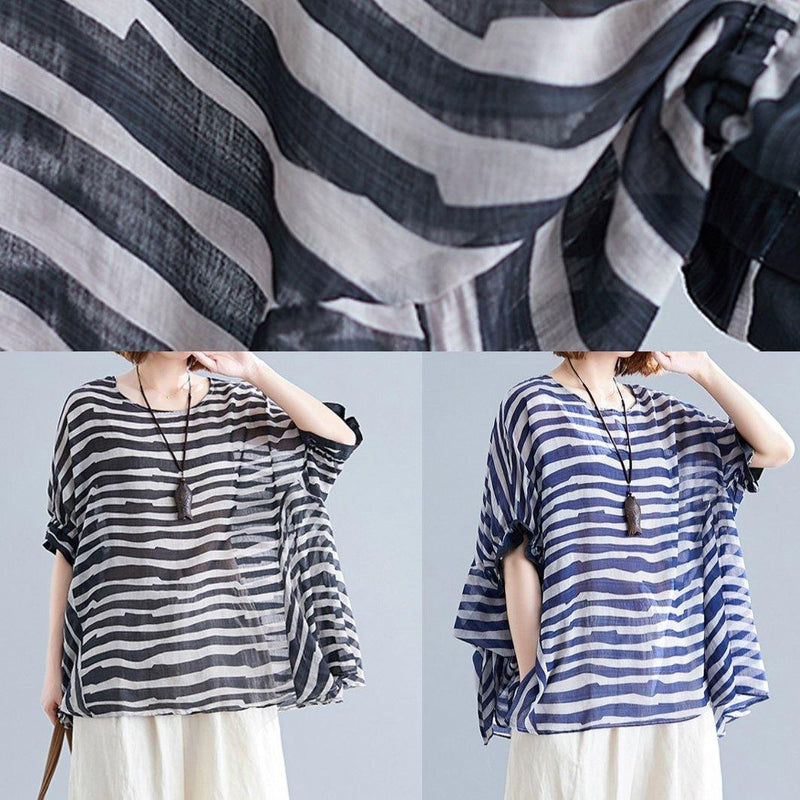 Black Striped Shirts O Neck Batwing Sleeve Box Shirts