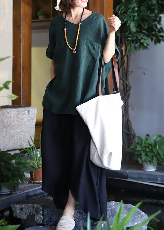 Blackish Green Linen Clothes for Side Open Clothing V Neck Blouse