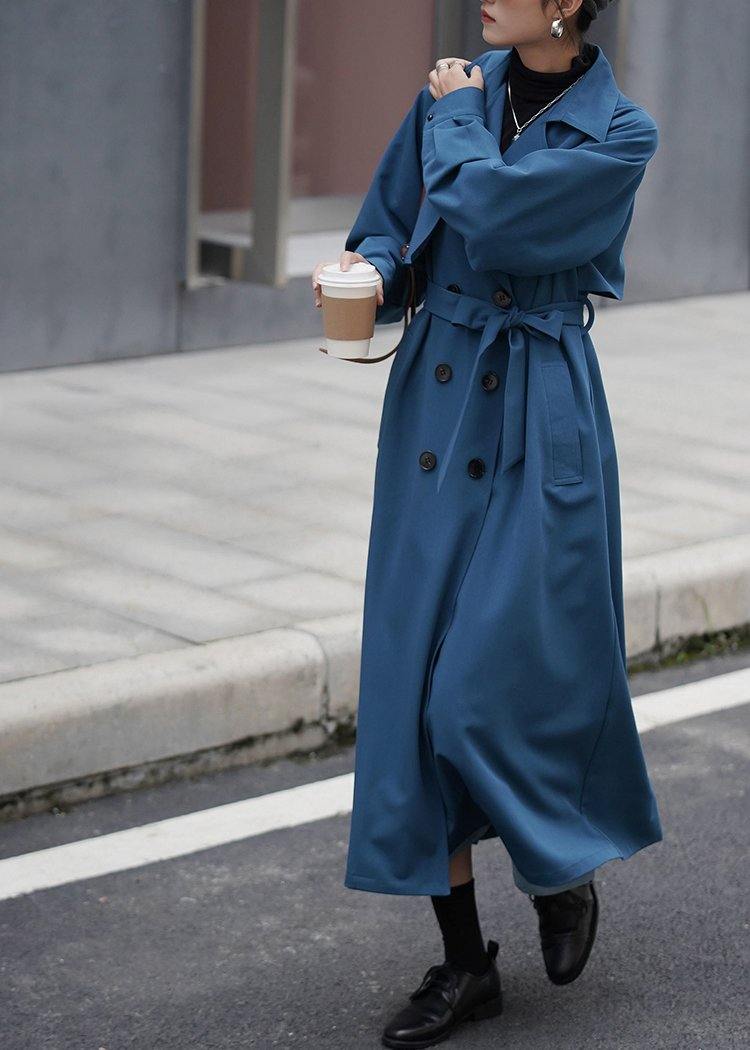 Blue Coat for Woman Tutorials Notched Tie Waist Outwears