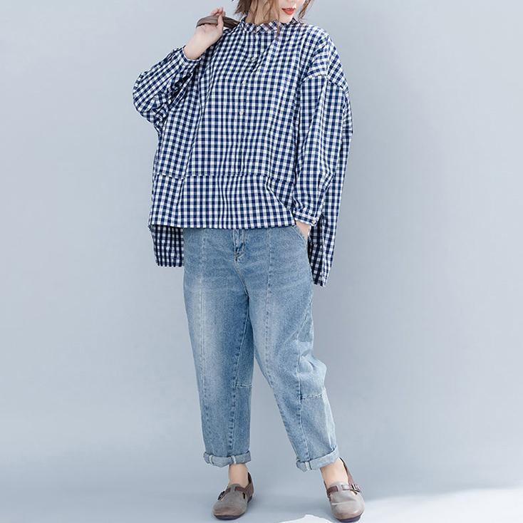 Blue Plaid Cotton Clothes for Neckline Stand Collar Art Shirt