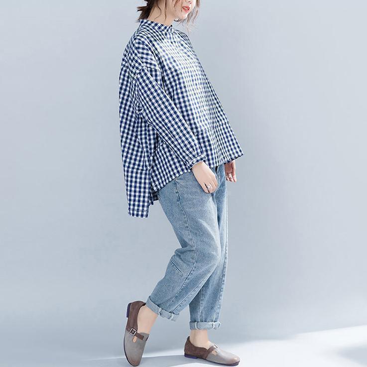 Blue Plaid Cotton Clothes for Neckline Stand Collar Art Shirt