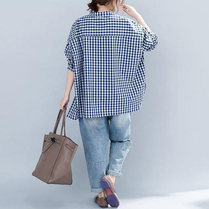 Chic blue Plaid cotton clothes For Women Casual Neckline stand collar Art shirt