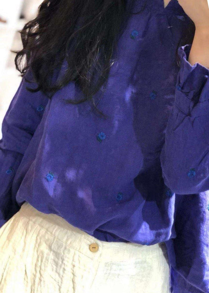 Blue Embroidery Linen Tops Ruffles Long Sleeve Loose Fall Blouses