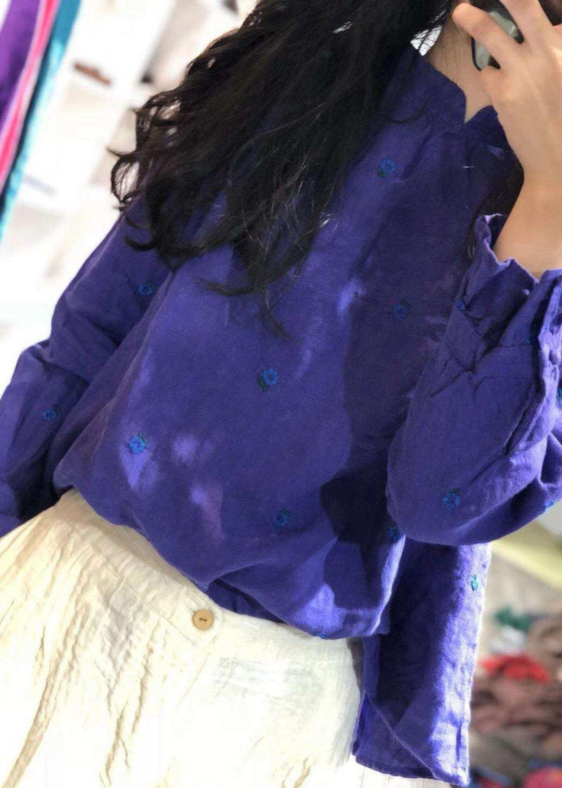 Blue Embroidery Linen Tops Ruffles Long Sleeve Loose Fall Blouses