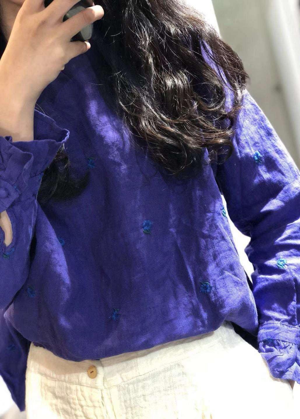 Chic blue embroidery linen tops women ruffles long sleeve loose fall blouses