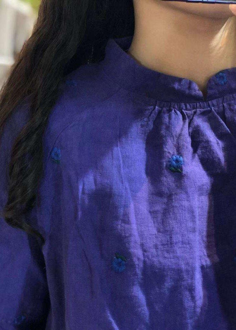 Blue Embroidery Linen Tops Ruffles Long Sleeve Loose Fall Blouses