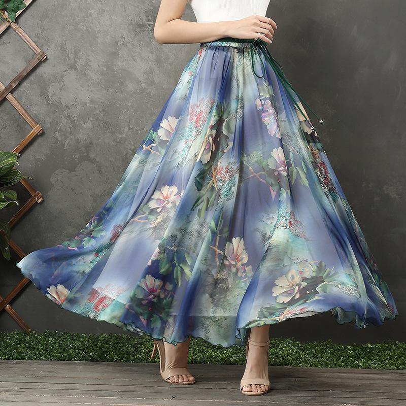 Blue Chiffon Long Shirts Elastic Tie Waist Long Summer Dress