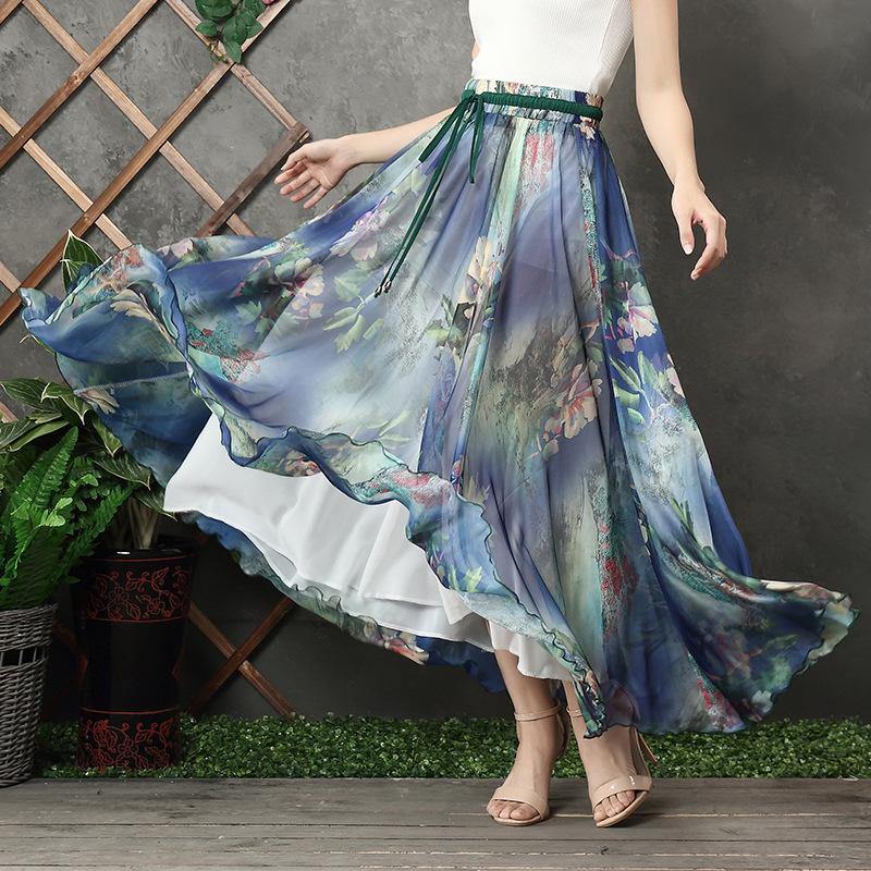 Blue Chiffon Long Shirts Elastic Tie Waist Long Summer Dress