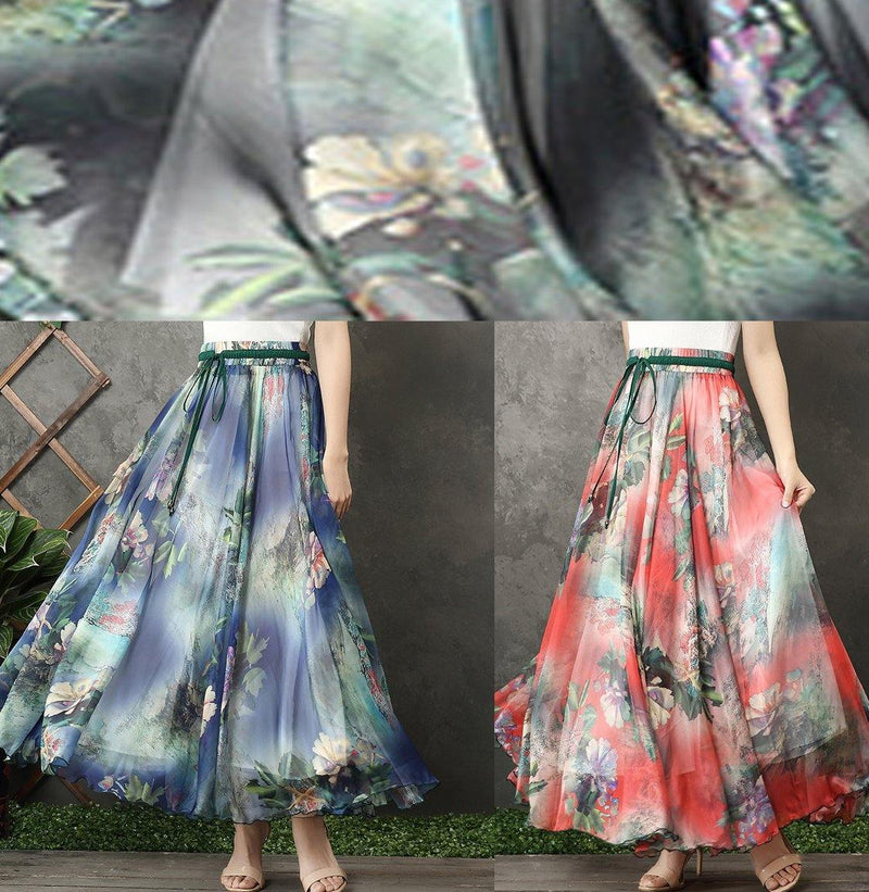 Blue Chiffon Long Shirts Elastic Tie Waist Long Summer Dress