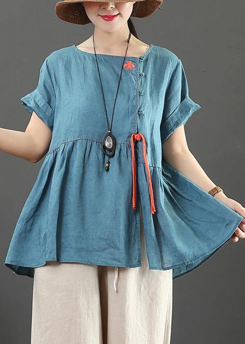 Blue Linen Linen Tops O Neck Cinched Oversized Shirts