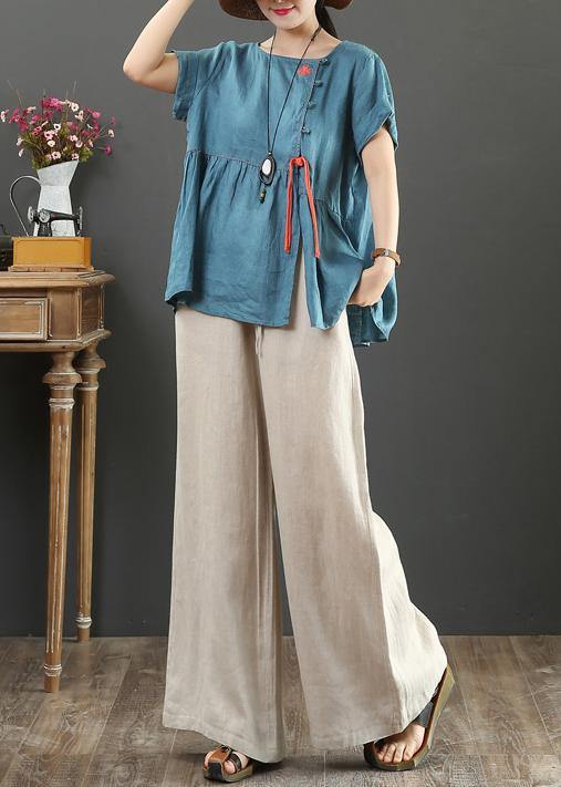 Blue Linen Linen Tops O Neck Cinched Oversized Shirts